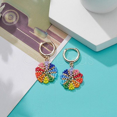 Rainbow Color Japanese Seed Braided Flower Dangle Hoop Earrings EJEW-MZ00003-1