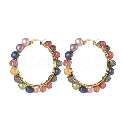 Natural Pearl Beaded Hoop Earrings EJEW-JE04586-1