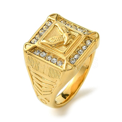 Square with Bird 304 Stainless Steel Rhinestone Signet Rings RJEW-Q815-04G-M-1