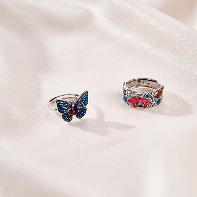 Anti-Tarnish Rhodium Plated 925 Sterling Silver Koi Fish with Lotus Adjustable Ring with Enamel for Women JR930A-1