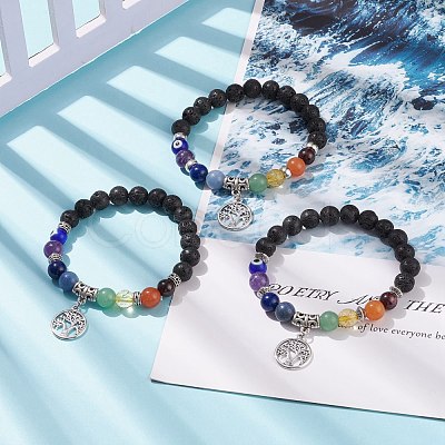 3Pcs 3 Style Natural Lava Rock & Mixed Stone Stretch Bracelets Set with Lampwork Evil Eye BJEW-JB08321-1