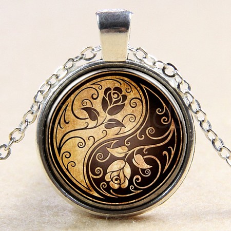 Feng Shui Yin-Yang with Rose Pattern Flat Round Glass Pendant Necklaces NJEW-N0051-010D-02-1