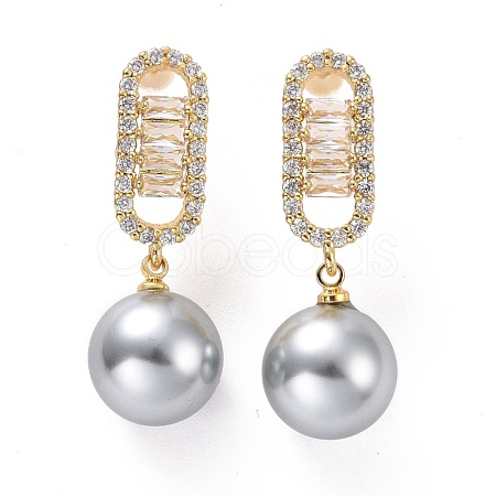 Clear Cubic Zirconia Oval with Plastic Pearl Dangle Stud Earrings EJEW-A072-11LG-B-1