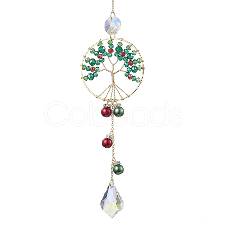 Christmas Glass Beads Wire Wrapped Tree of Life Hanging Ornaments HJEW-TA00209-1