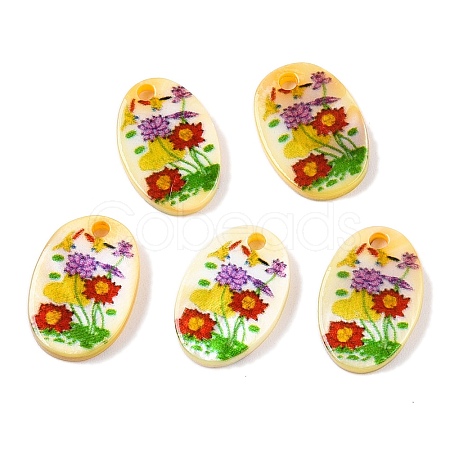 Natural Freshwater Shell Double Face Printed Oval Charms SHEL-T020-05F-1