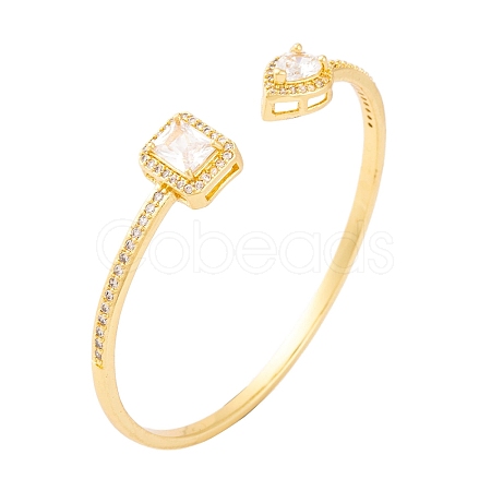 Rectangle & Teardrop Brass Pave Clear Cubic Zirconia Open Cuff Bangles with Glass for Women BJEW-S147-28B-G-1