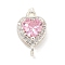 Brass Pave Cubic Zirconia Connector Charms, Heart Links, Silver Color Plated, Pink, 15x9x6mm, Hole: 1.2mm