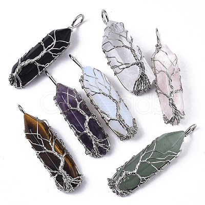 Natural & Synthetic Mixed Gemstone Big Wire Wrapped Pointed Pendants G-T133-P02-1