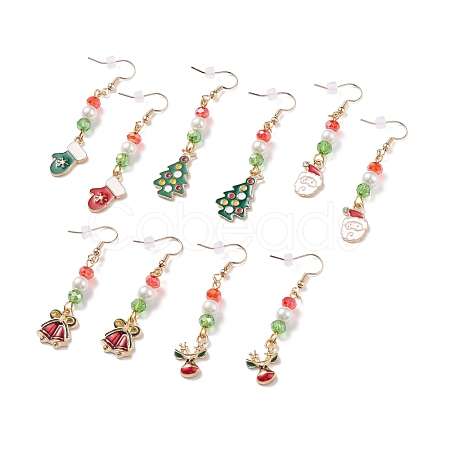 Enamel Christmas Theme Charm with Glass Pearl Dangle Earrings EJEW-JE04961-1