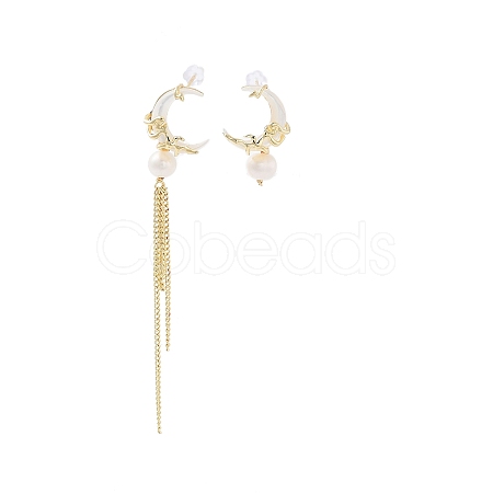 Natural Pearl & Shell Asymmetrical Stud Earrings EJEW-P256-28G-1