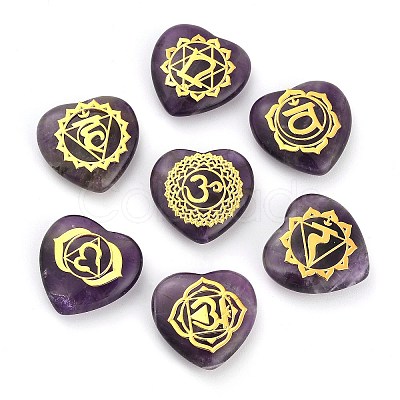 7Pcs 7 Styles Chakra Natural Amethyst Love Heart Ornaments Figurines G-P533-01D-1