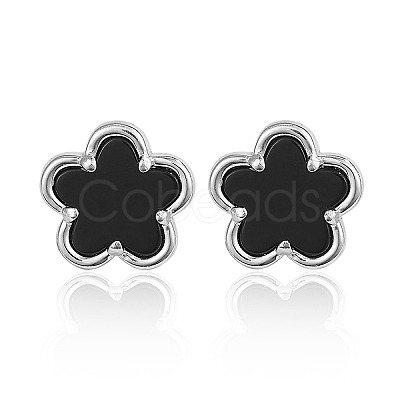 925 Silver Black Agate Flower Stud Earrings JT8400-2-1