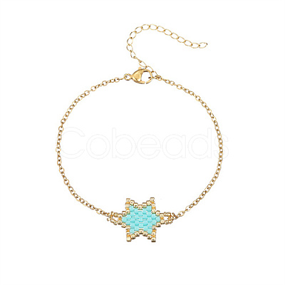 Glass Seed Beaded Star Link Bracelet with Golden Stainless Steel Cable Chains NK2955-1-1