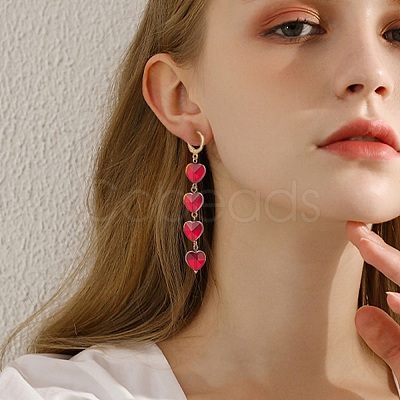 Glass Heart Tassel Dangle Leverback Earrings EJEW-TA00200-1