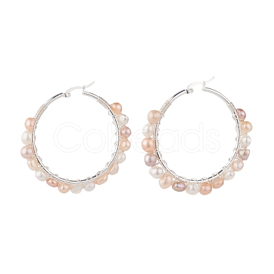 Natural Pearl Wire Wrapped Beaded Hoop Earrings for Women EJEW-JE04759-04-1