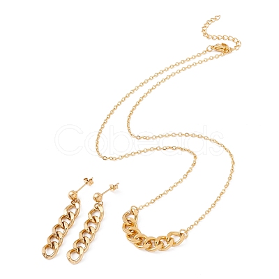 Curb Chains Dangle Stud Earring and Pendant Necklace SJEW-E043-03-1