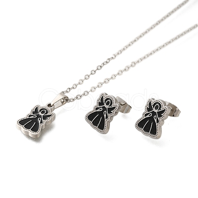 304 Stainless Steel Enamel Angel Stud Earrings & Pendant Necklace Set for Women SJEW-S002-01P-1