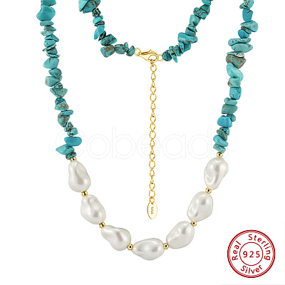 Natural Turquoise Chip & Nuggets Shell Pearl Beaded Necklaces NJEW-L125-007G-1