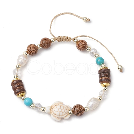 Adjustable Dyed Synthetic Turquoise & Coconut & Wood & Pearl Braided Bead Bracelets BJEW-JB10723-01-1