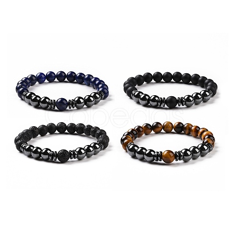 4Pcs Synthetic Hematite & Natural Black Agate(Dyed) & Lava Rock & Tiger Eye Beads Stretch Bracelets Set for Women Men BJEW-JB08938-1
