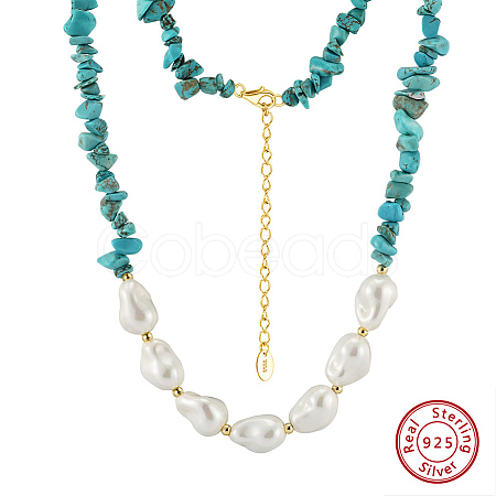 Natural Turquoise Chip & Nuggets Shell Pearl Beaded Necklaces NJEW-L125-007G-1