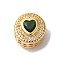 Flat Round with Heart Pattern Rack Plating Brass Micro Pave Cubic Zirconia European Beads, Large Hole Beads, Cadmium Free & Lead Free, Long-Lasting Plated, Real 18K Gold Plated, Dark Green, 12x11.5mm, Hole: 4.5mm