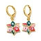 Real 18K Gold Plated Brass Dangle Leverback Earrings, with Enamel and Cubic Zirconia, Evil Eye, Pearl Pink, 30.5x13mm