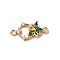 Brass Pave Clear Cubic Zirconia Flower Ring Links Connector Charms, with Glass, Golden, Green, 16x8x3mm, Hole: 1.2mm