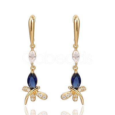 Real 18K Gold Plated Brass Cubic Zirconia Dragonfly Hoop Earrings EJEW-EE0001-242B-03-1