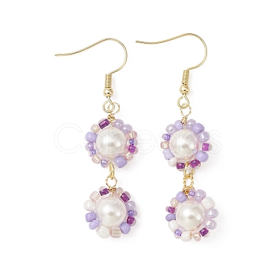 Glass Seed & Shell Pearl Beaded Flower Dangle Earrings EJEW-JE05275-1