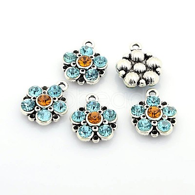 Antique Silver Plated Alloy Rhinestone Flower Pendants ALRI-N016-04-1