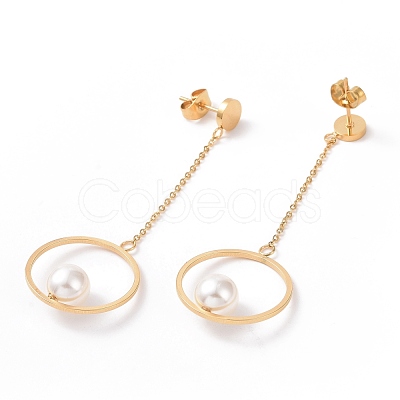 Ring with Imitation Pearl Long Tassel Dangle Stud Earrings STAS-E154-04G-1