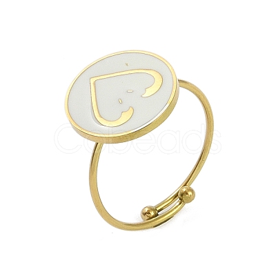 Ion Plating(IP) Flat Round with Heart 304 Stainless Steel Enamel Ring RJEW-A038-05G-1