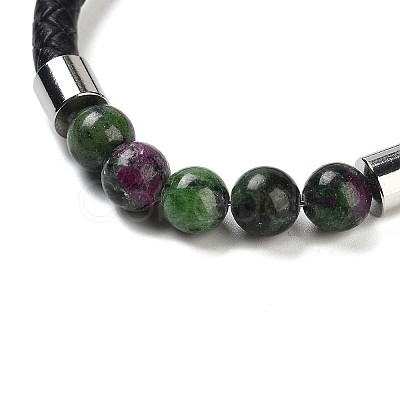 Natural Ruby in Zoisite Round Bead Braided Leather Cord Bracelets for Men Women BJEW-A009-11P-09-1