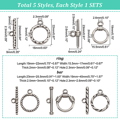 DICOSMETIC 5 Sets 5 Style  304 Stainless Steel Toggle Clasps STAS-DC0008-15-1