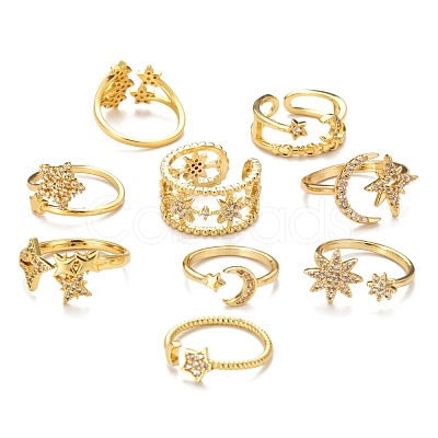 9Pcs 9 Style Adjustable Brass Micro Pave Clear Cubic Zirconia Cuff Rings RJEW-LS0001-18G-1