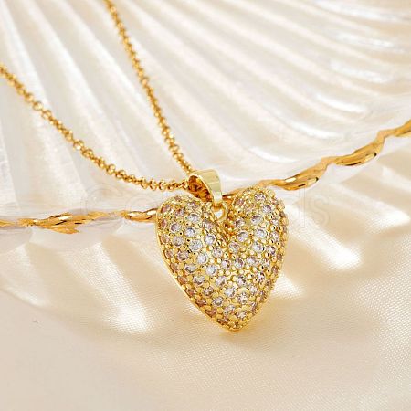 Elegant Romantic Heart Brass Micro Pave Clear Cubic Zirconia Pendant Necklace for Women XT9950-1-1