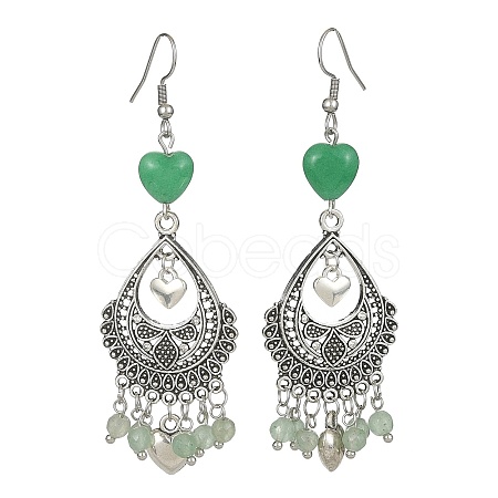 Natural Green Aventurine &  Malaysia Jade (Dyed) Heart Chandelier Earrings EJEW-JE05364-02-1