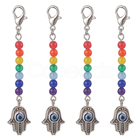Alloy Hamsa Hand with Natural Dyed Malaysia Round Beaded Pendant Decoration HJEW-JM00941-1