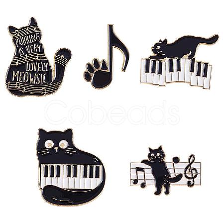 5Pcs 5 Style Cat with Music Enamel Pins JEWB-SZ0001-90-1