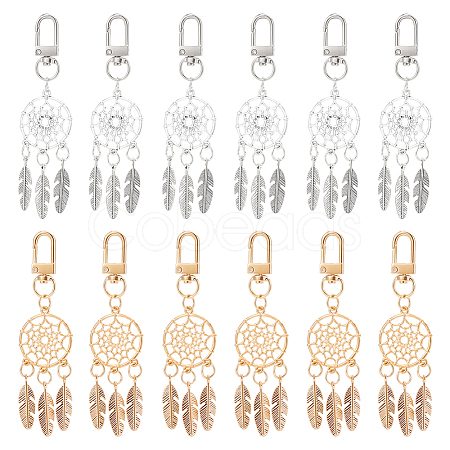  12Pcs 2 Colors Alloy Woven Web/Net with Feather Pendant Decoration HJEW-NB0001-71-1