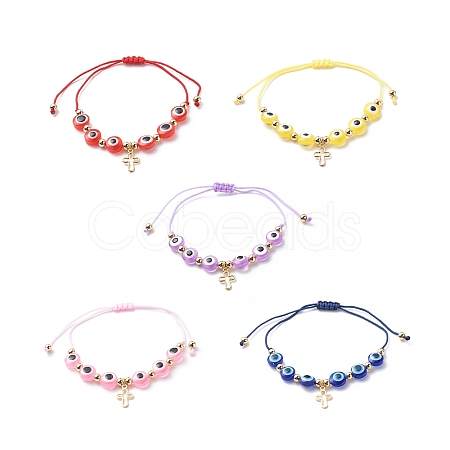 Brass Tiny Cross Charms Braided Beaded Bracelets for Women BJEW-JB08743-1