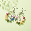 Natural Mixed Gemstone Braided Teardrop Dangle Earrings with 201 Stainless Steel Smiling Face Charms EJEW-JE04951-01-3