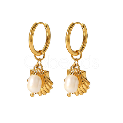 Beach Style Stainless Steel Gold Plated Imitation Pearl Shell Dangle Earrings HN4085-1