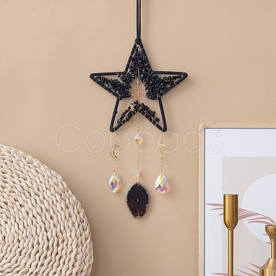 Copper Wire Wrapped Natural Black Quartz Chip Star with Tree of Life Pendant Decorations PW-WG27985-01-1