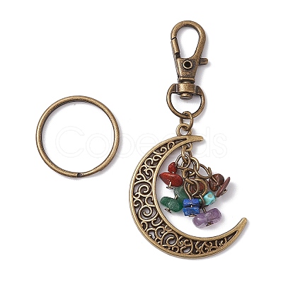 Chakra Theme Moon Natural Red Jasper & Howlite & Tiger Eye & Carnelian & Green Aventurine & Lapis Lazuli & Amethyst Chip Keychain KEYC-JKC00963-02-1