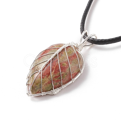 Natural Unakite Leaf Cage Pendant Necklace with Waxed Cords NJEW-TA00035-03-1