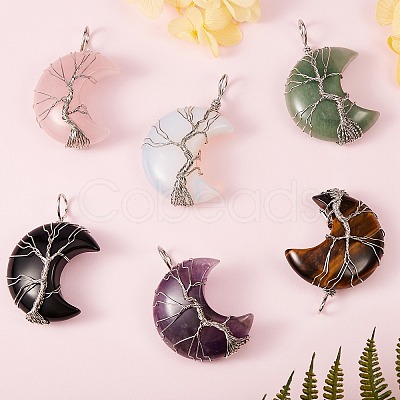 6Pcs 6 Style Natural & Synthetic Gemstone Tree of Life Wire Wrapped Pendants G-SZ0001-66-1