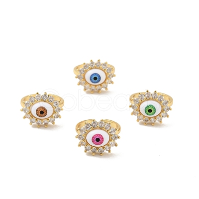 Cubic Zirconia Sun with Evil Eye Open Cuff Ring with Acrylic RJEW-B042-06G-1