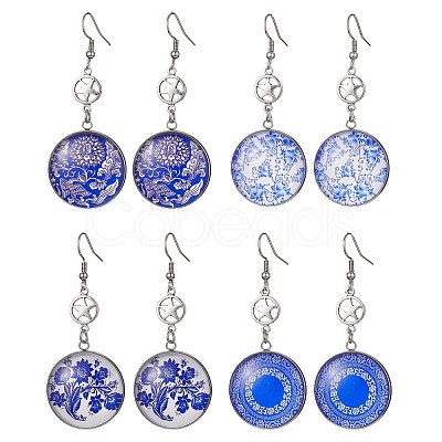 Blue Glass Flat Round & Alloy Star Dangle Earrings EJEW-JE05402-1